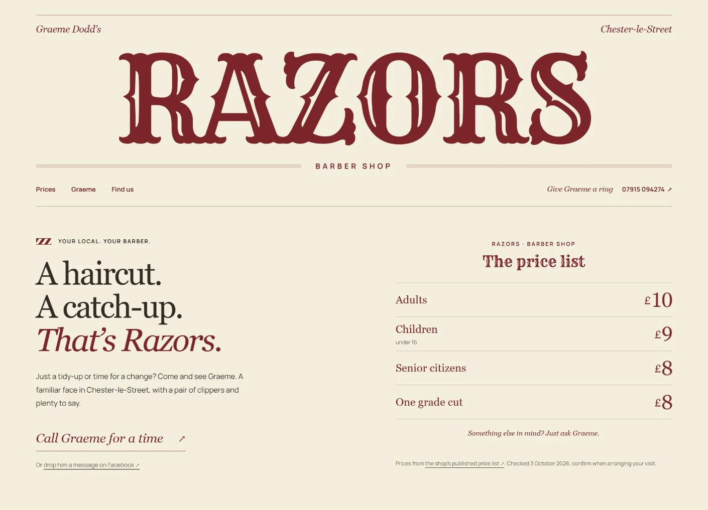 Razors website with a burgundy masthead, a local introduction and the barber shop price list